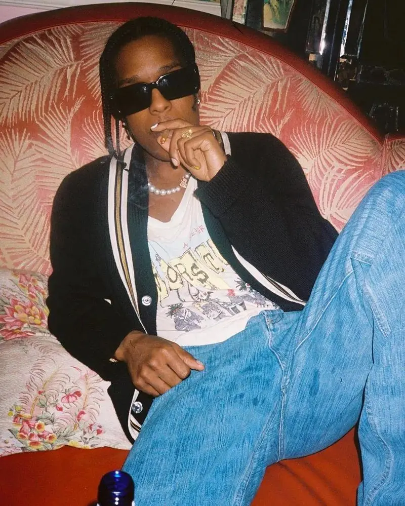 A$AP Rocky wearing pearl necklaces