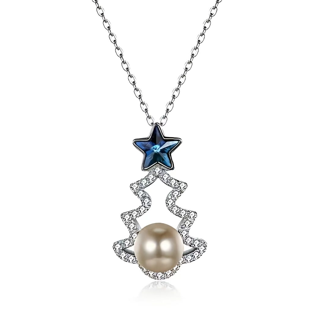 Diamond, Blue Crystals, and Pearl Christmas tree shaped necklace