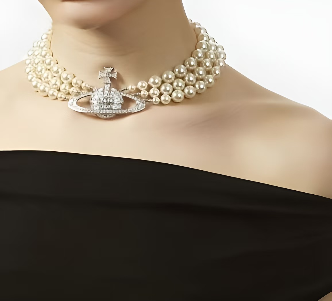 Vivienne Westwood pearl pendant necklace with punk-inspired aesthetic and timeless style.