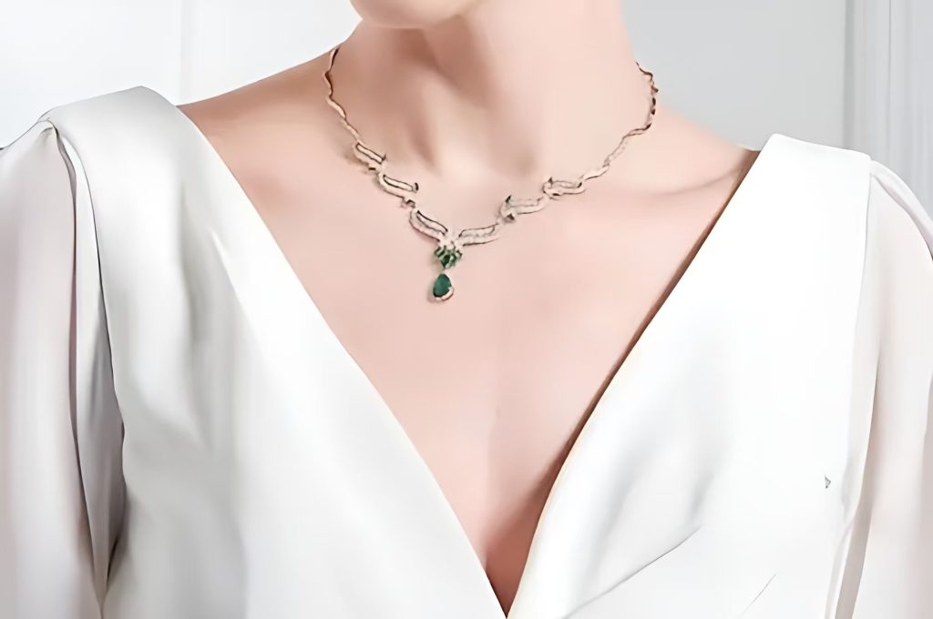 For a dramatic winter look, instead of a strapless evening gown pair it with a bold statement necklace.